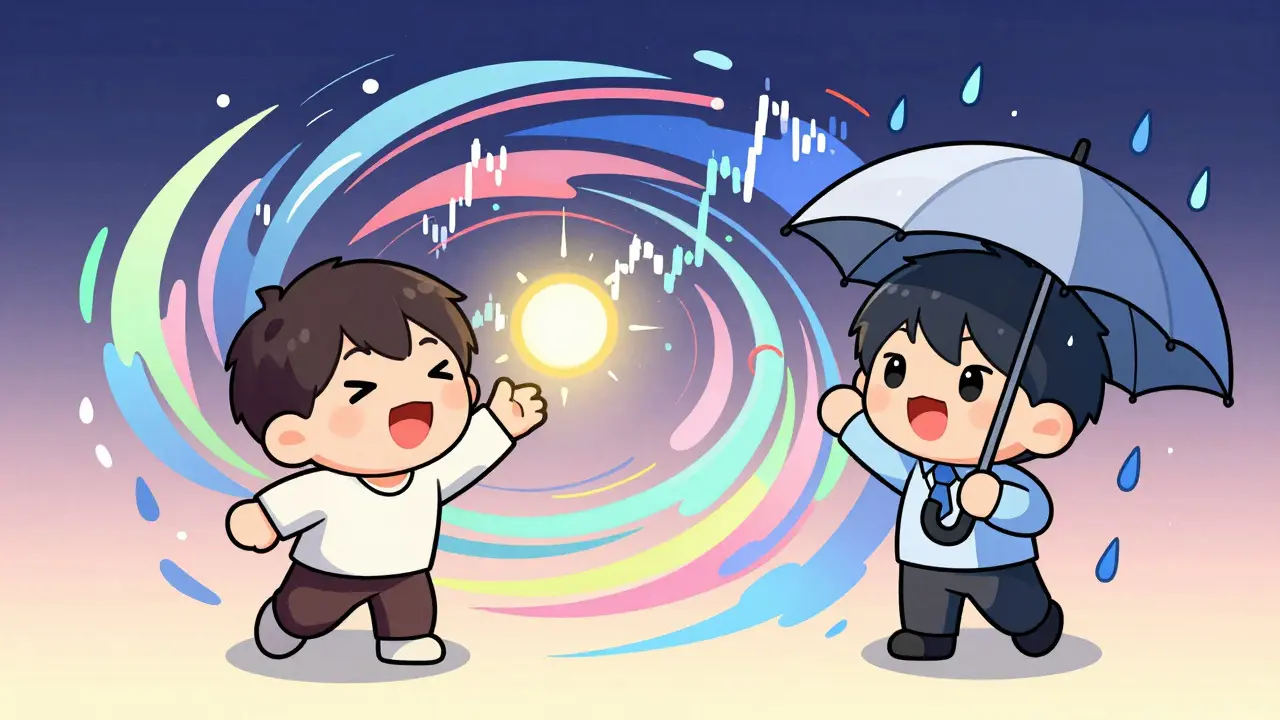 Two chibi traders facing a vortex of market waves, one hopeful and one cautious about volatility.