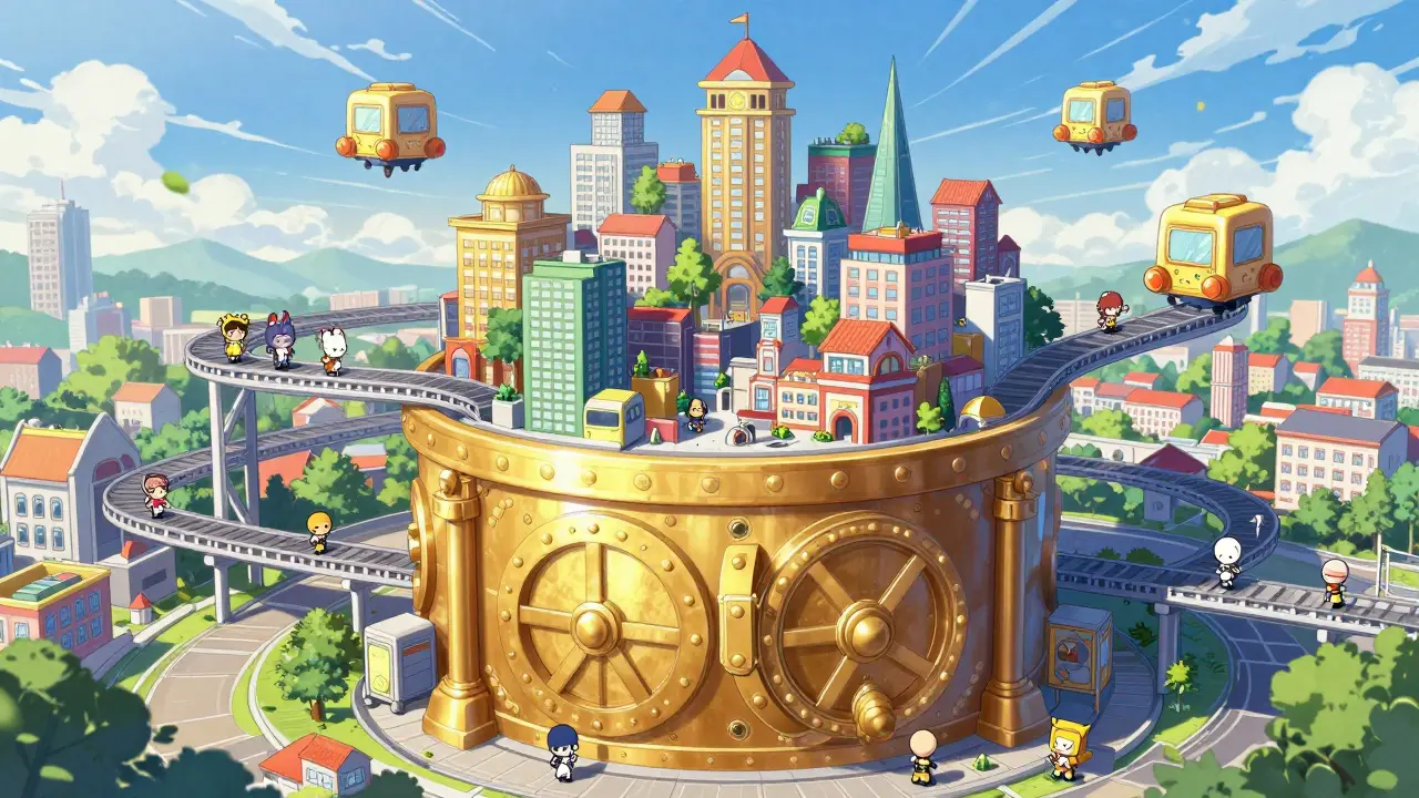 A futuristic chibi city built on top of a secure golden vault.