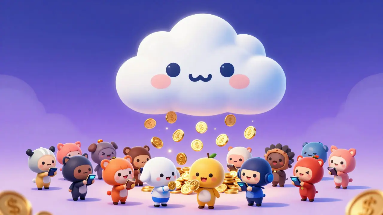 A group of happy chibi characters catching golden tokens raining from a digital cloud.