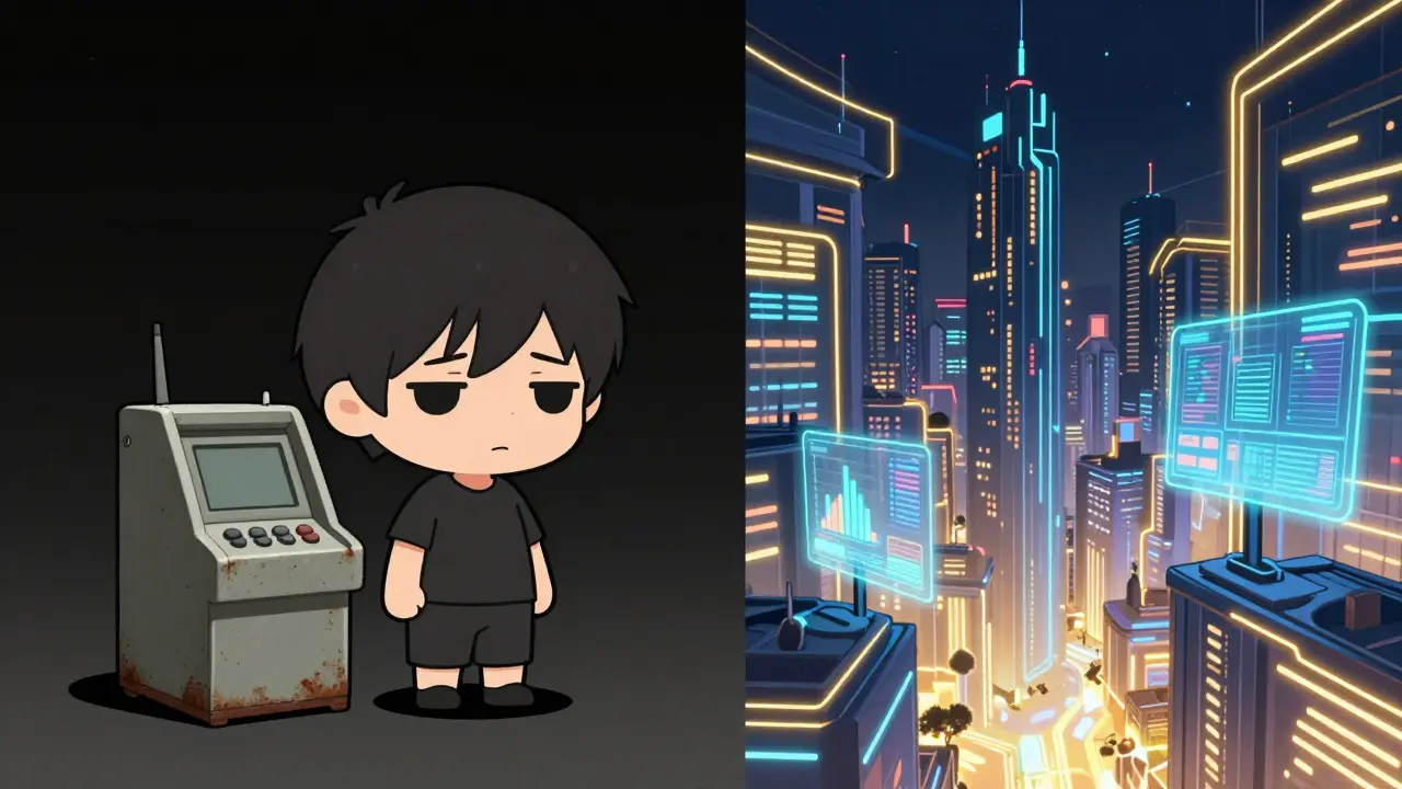Chibi character comparing an old rusted trading terminal with a futuristic neon crypto city