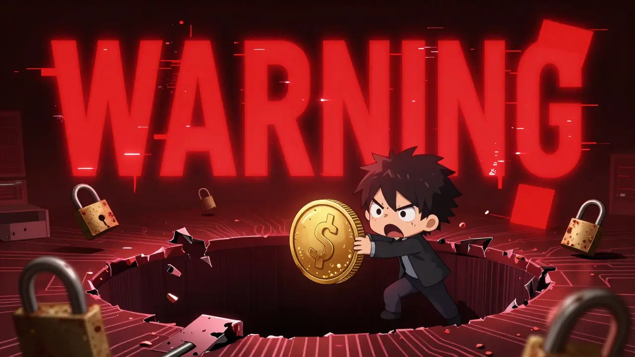 Chibi character hesitating to put a coin into a glitchy digital abyss with broken locks