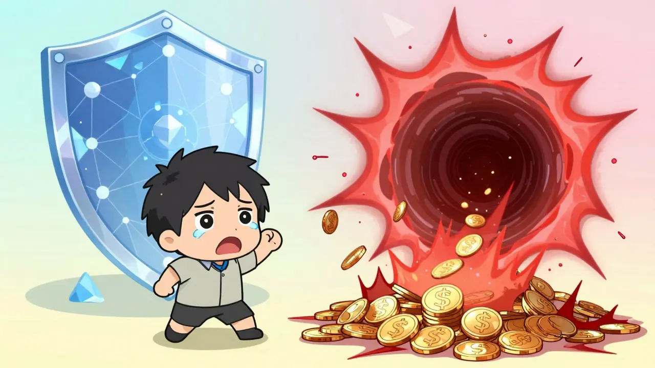 Chibi character losing staked coins to a digital vortex with a futuristic shield behind