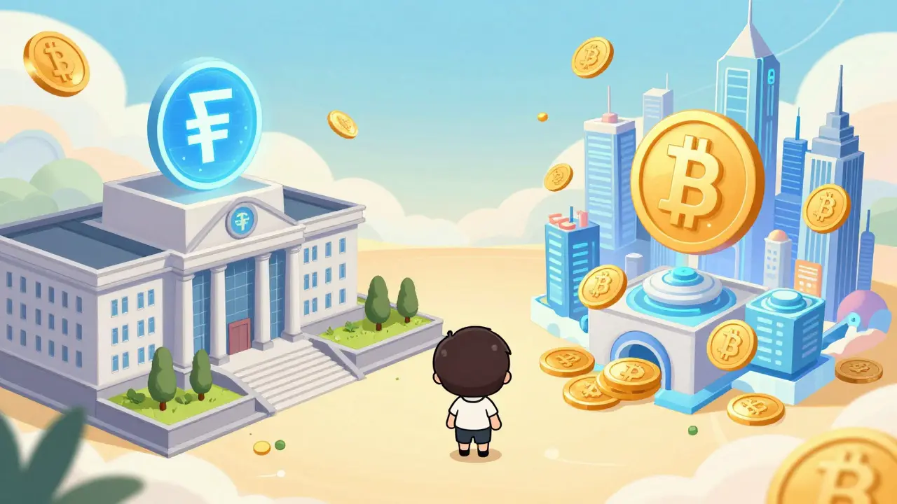 Chibi character observing a split world of the Digital Ruble and private cryptocurrencies.