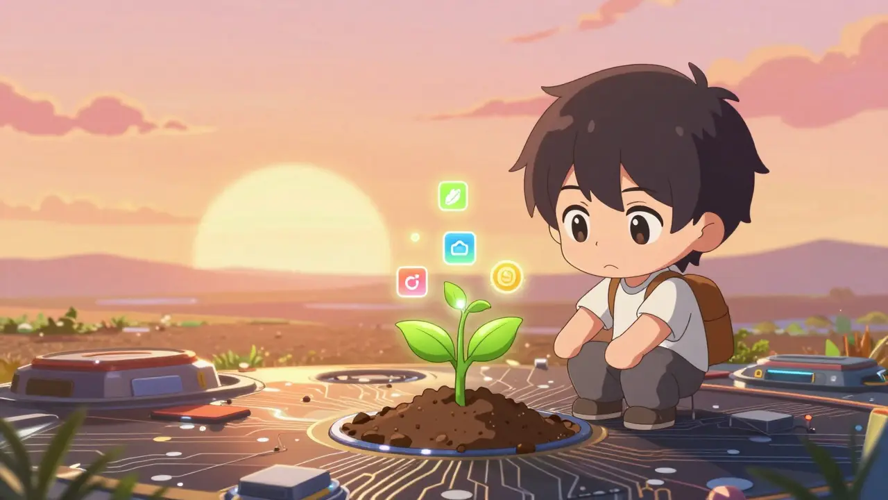 Chibi character planting a digital tree representing network growth