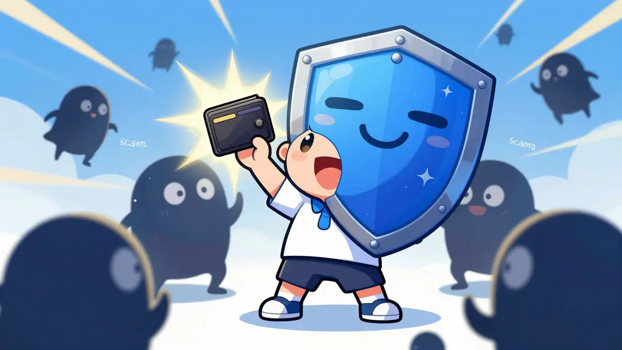 Chibi character protected by a glowing shield from small shadow monsters.