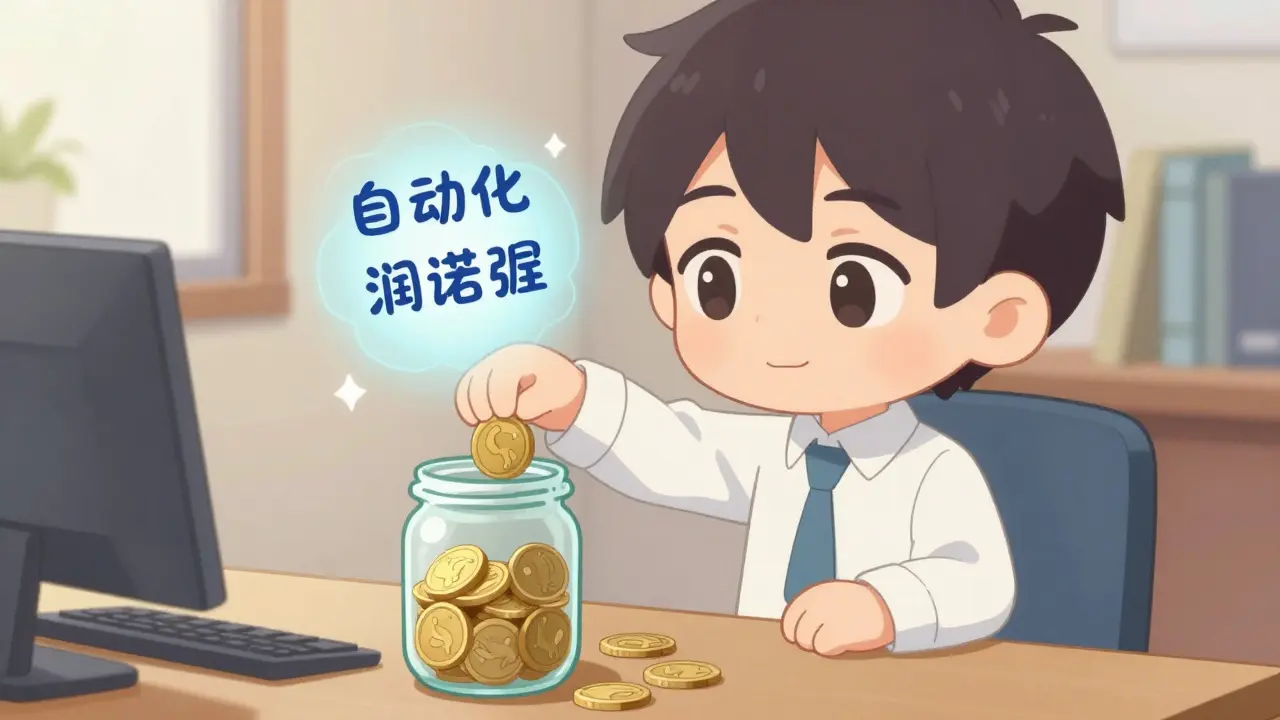 Chibi character systematically adding coins to a savings jar