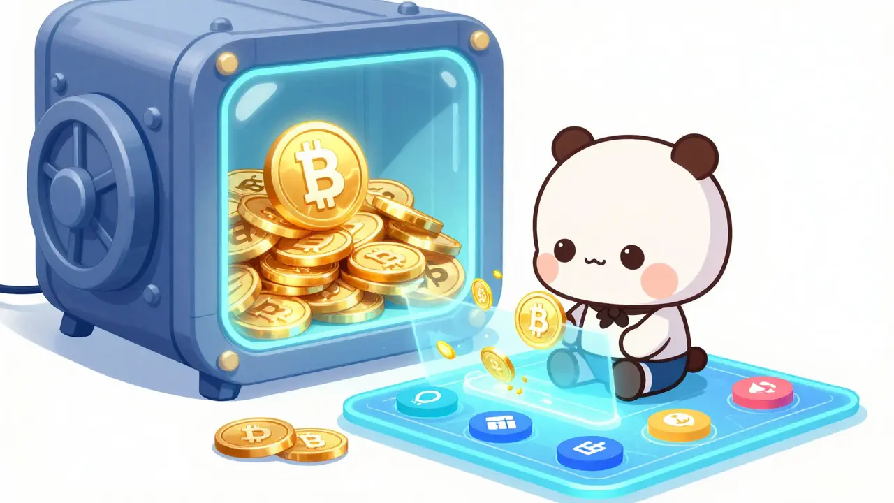 Chibi character using a holographic DeFi aggregator with a large vault of tokens.