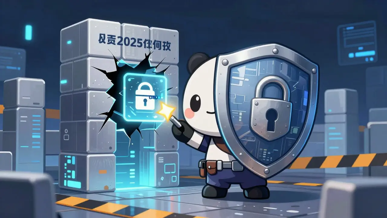 Chibi character with a shield protecting a digital fortress