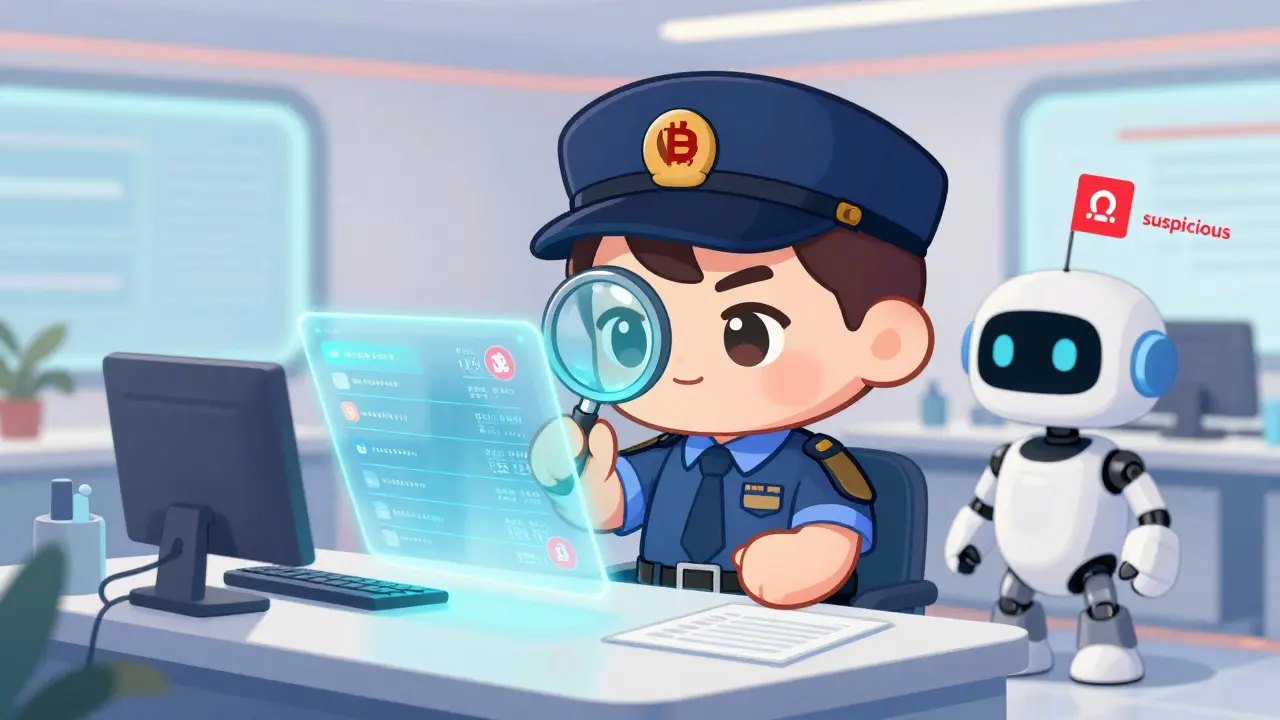 Chibi detective and robot monitoring holographic crypto transactions for compliance.