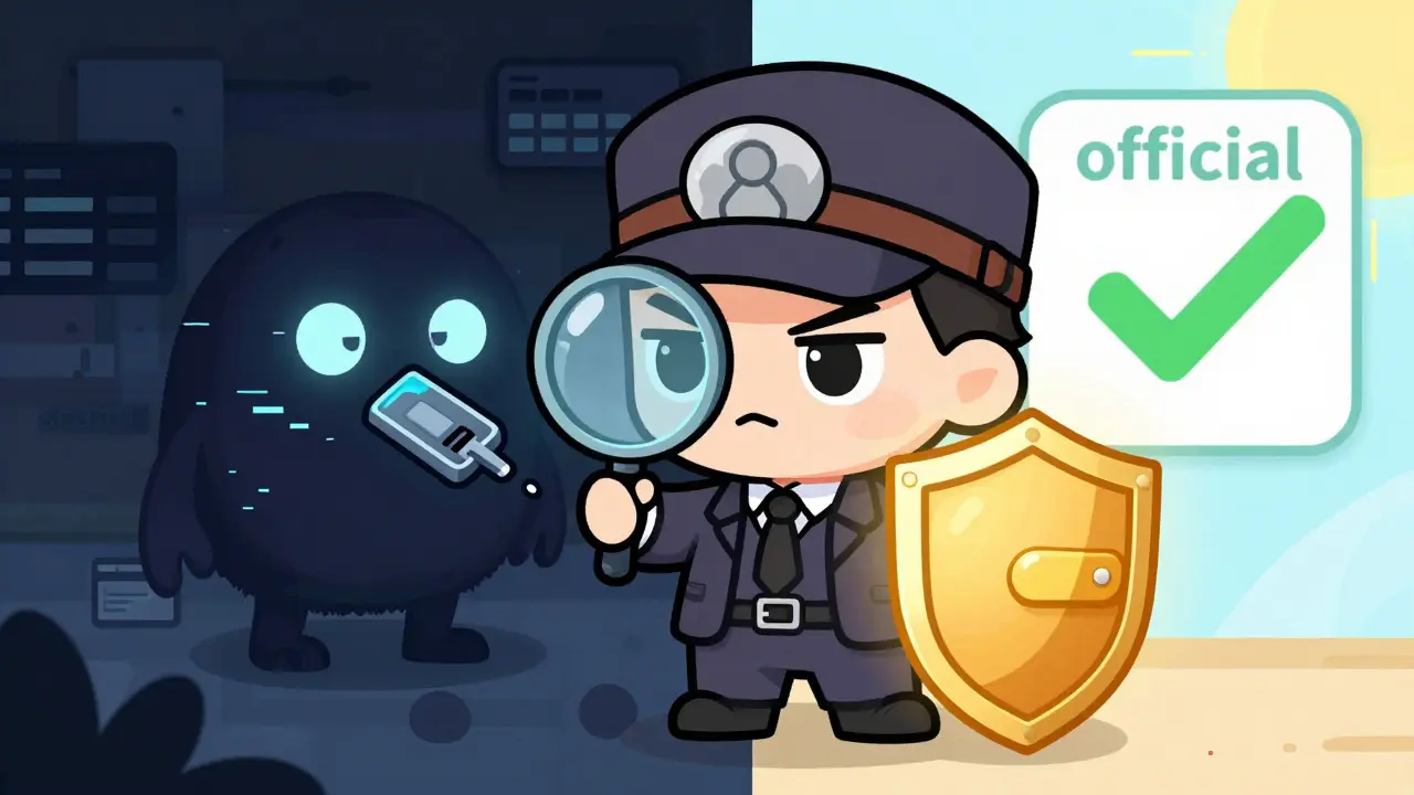 Chibi detective using a magnifying glass to identify a crypto scam link.