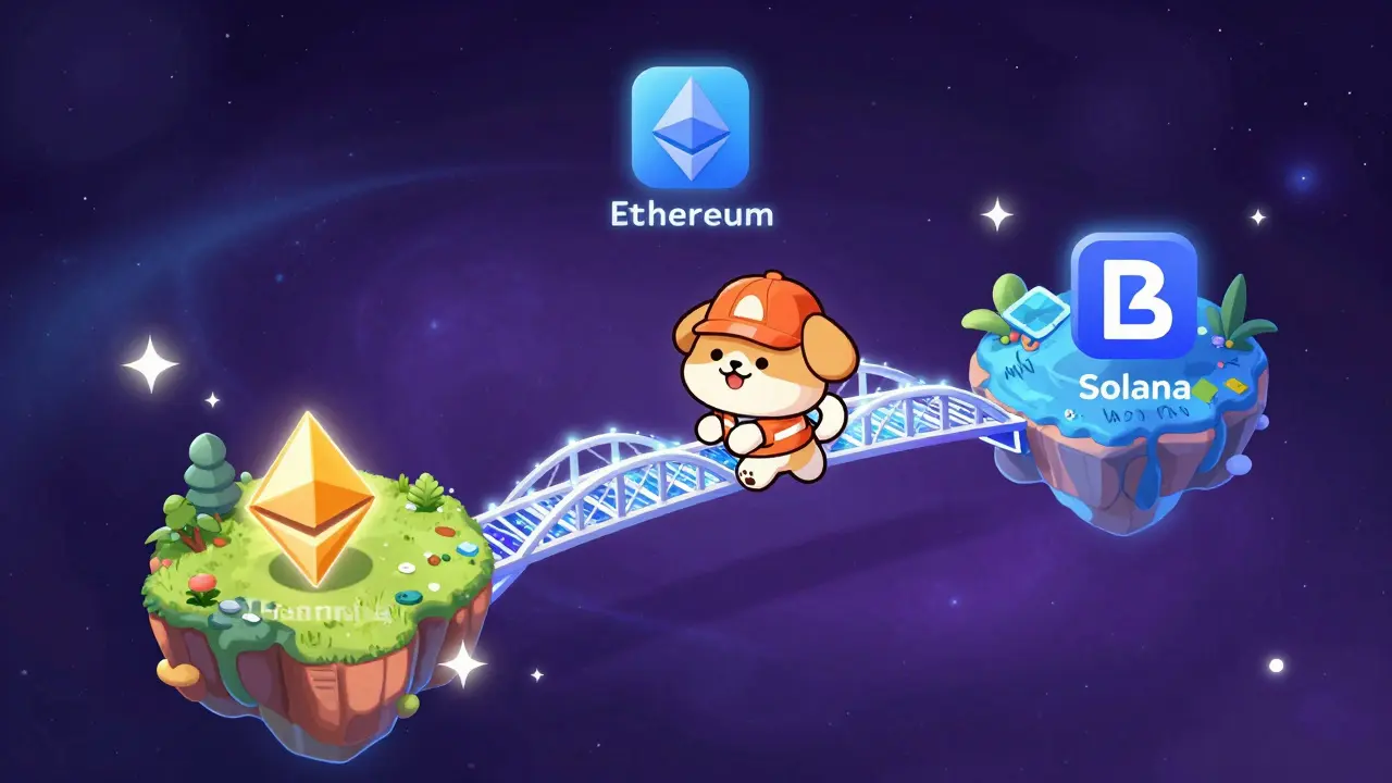 Chibi dog character building a glowing magical bridge between three floating blockchain islands.