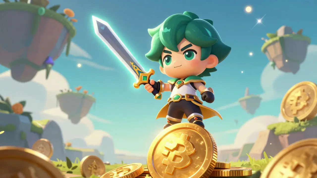 Chibi hero holding a glowing NFT sword while standing on a giant golden coin.