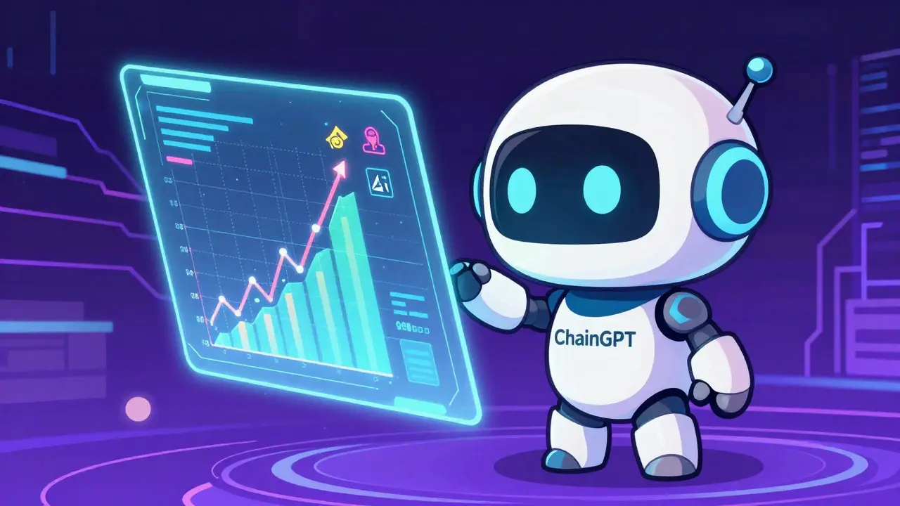 Chibi human and AI robot analyzing cryptocurrency data on a holographic screen.