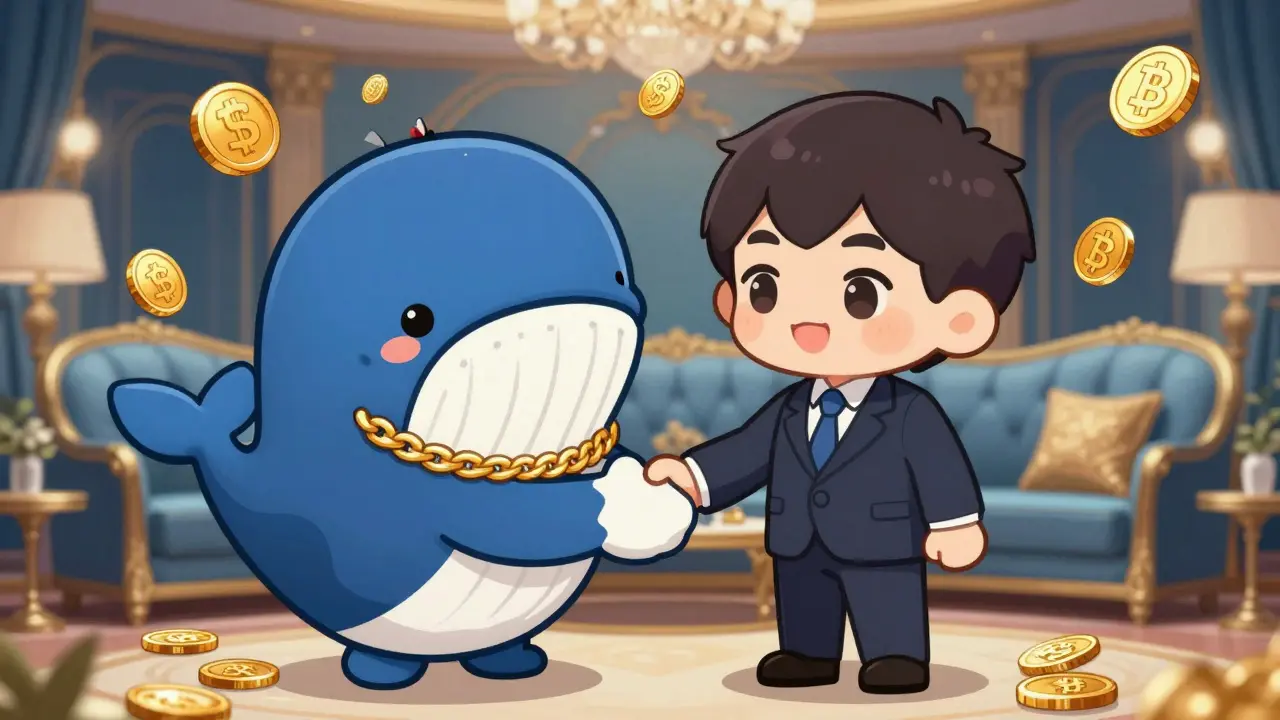 Chibi investor and broker conducting a private OTC crypto trade