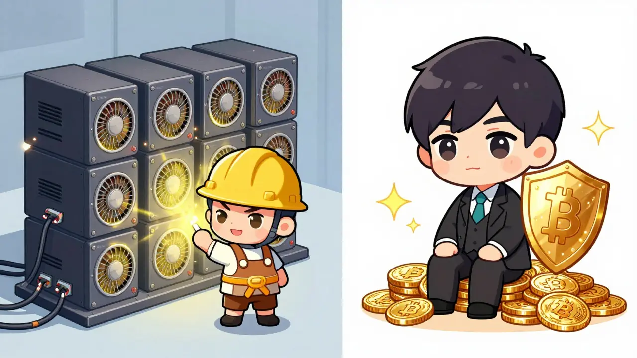 Chibi miner with hardware wall versus chibi validator with a shield of coins