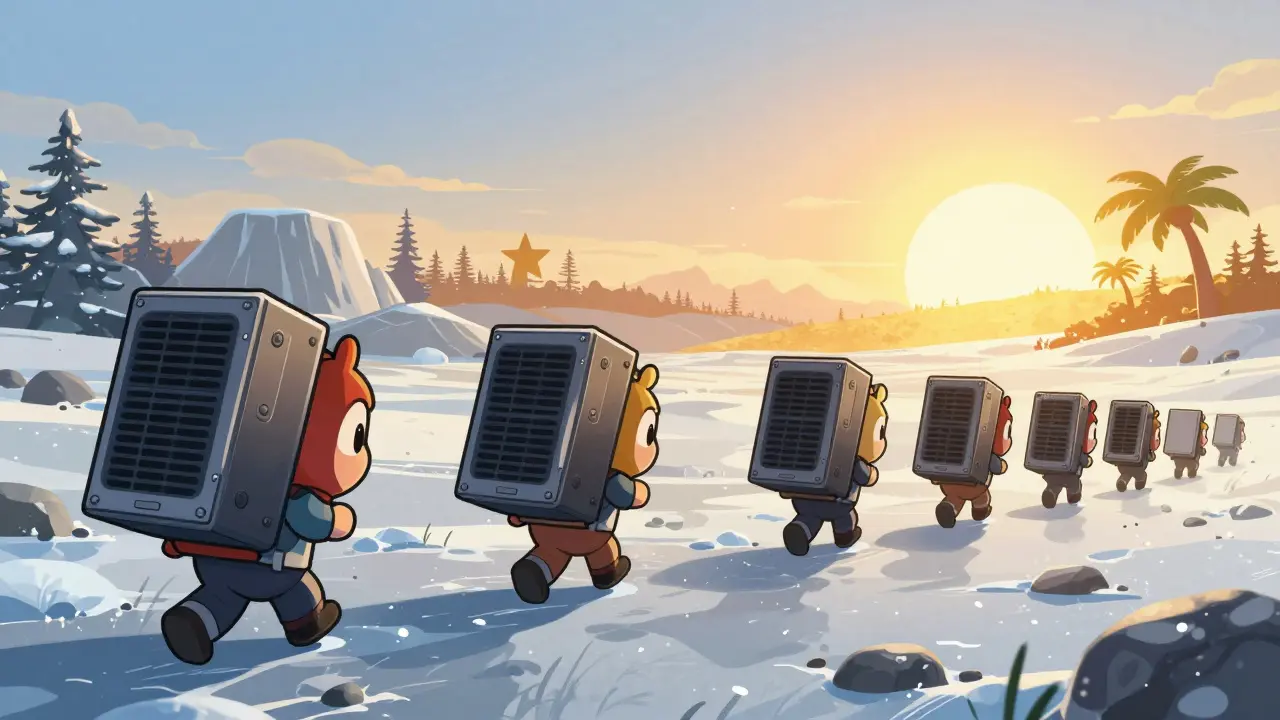 Chibi miners carrying hardware away from cold Sweden toward a sunny horizon.