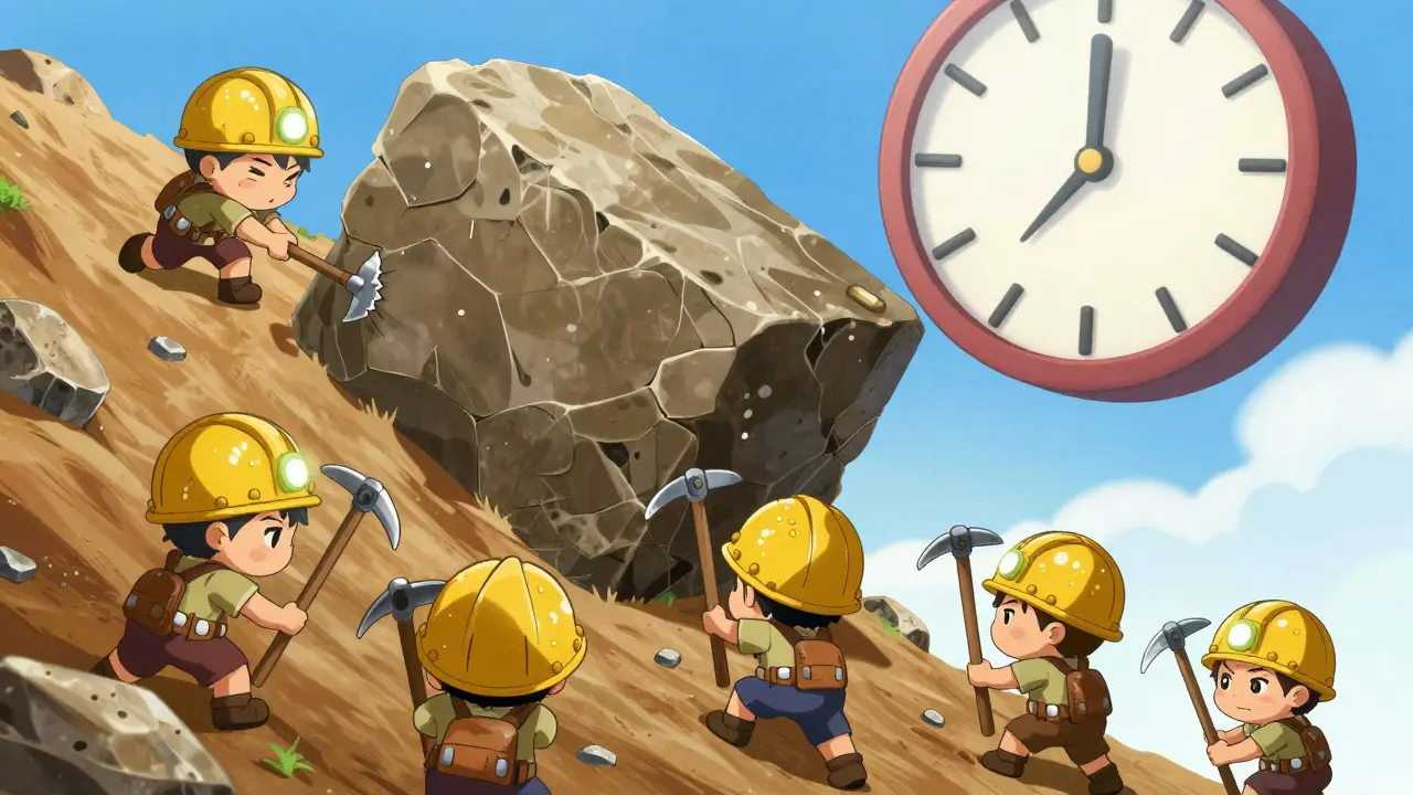 Chibi miners struggling to push a heavy block under a looming countdown clock.