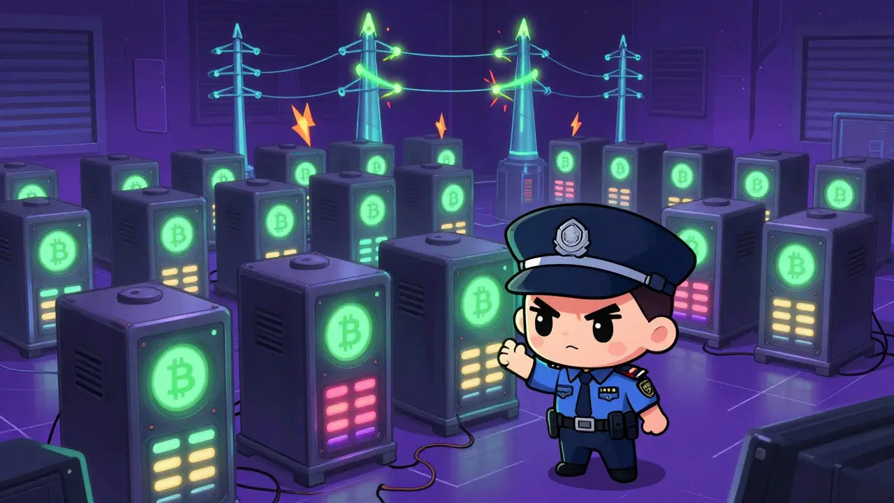Chibi police officer discovering a hidden room of glowing crypto mining rigs.