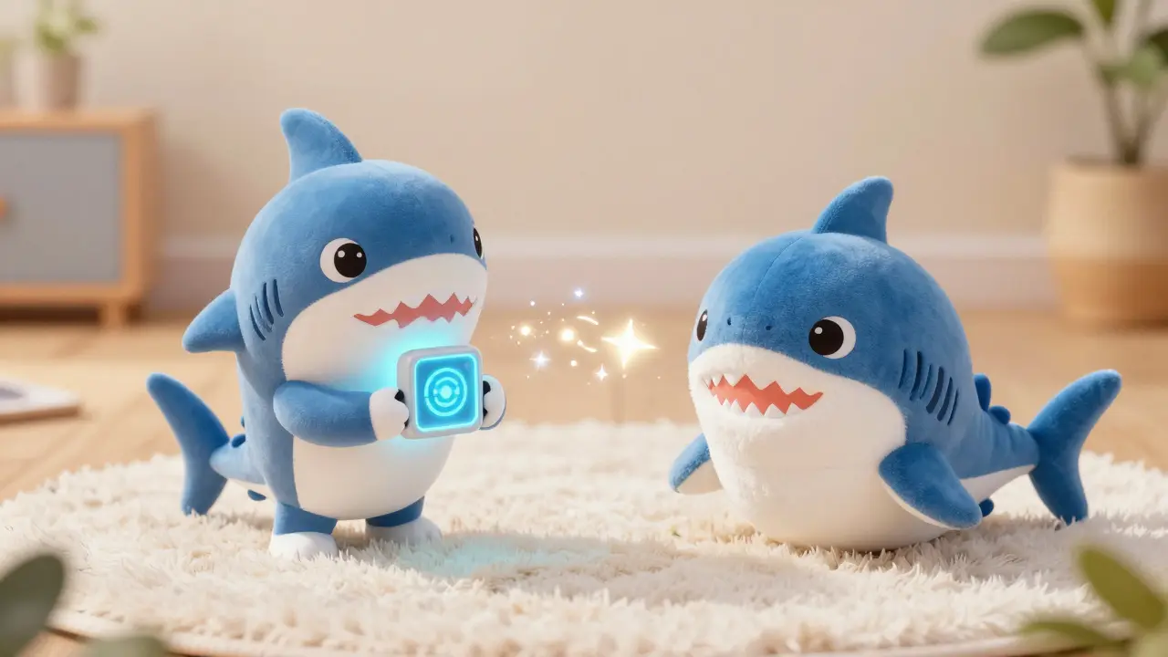 Chibi shark connecting a holographic digital toy to a real physical plush toy