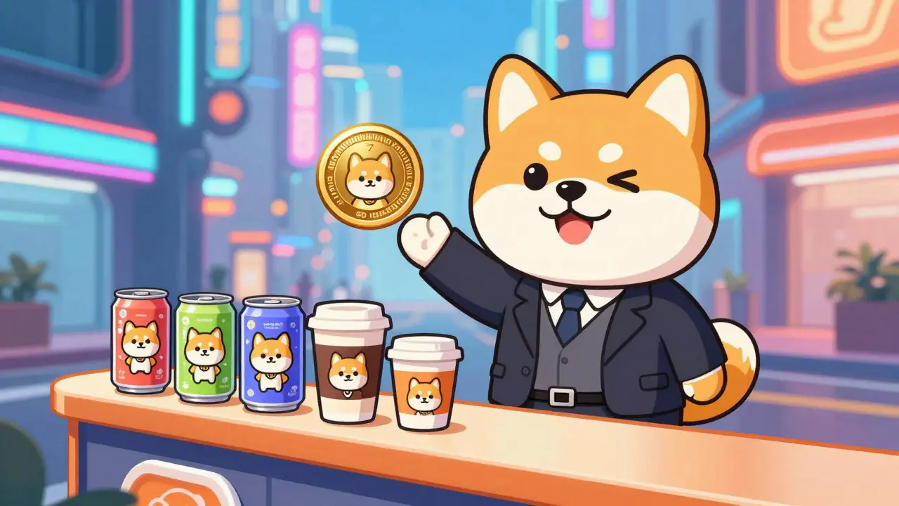 Chibi Shiba Inu in a suit presenting energy drinks and coffee in a neon city.