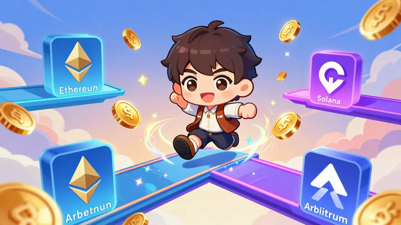 Chibi trader gliding across colorful floating blockchain bridges with golden coins