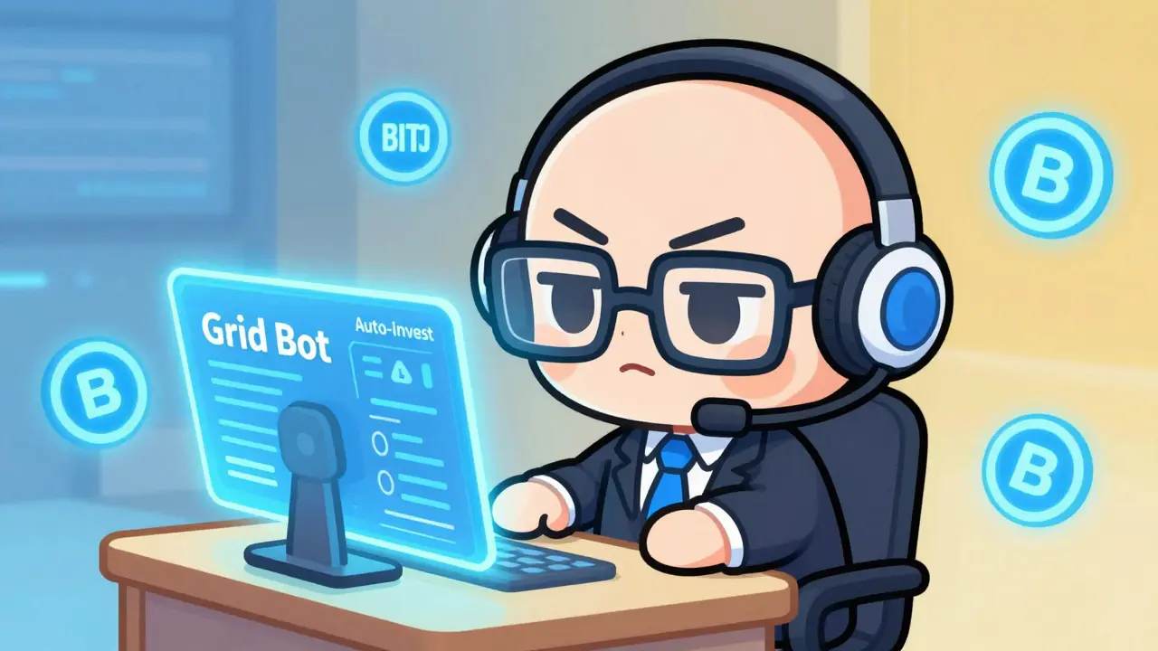Chibi trader using a holographic grid bot trading interface with BITO tokens