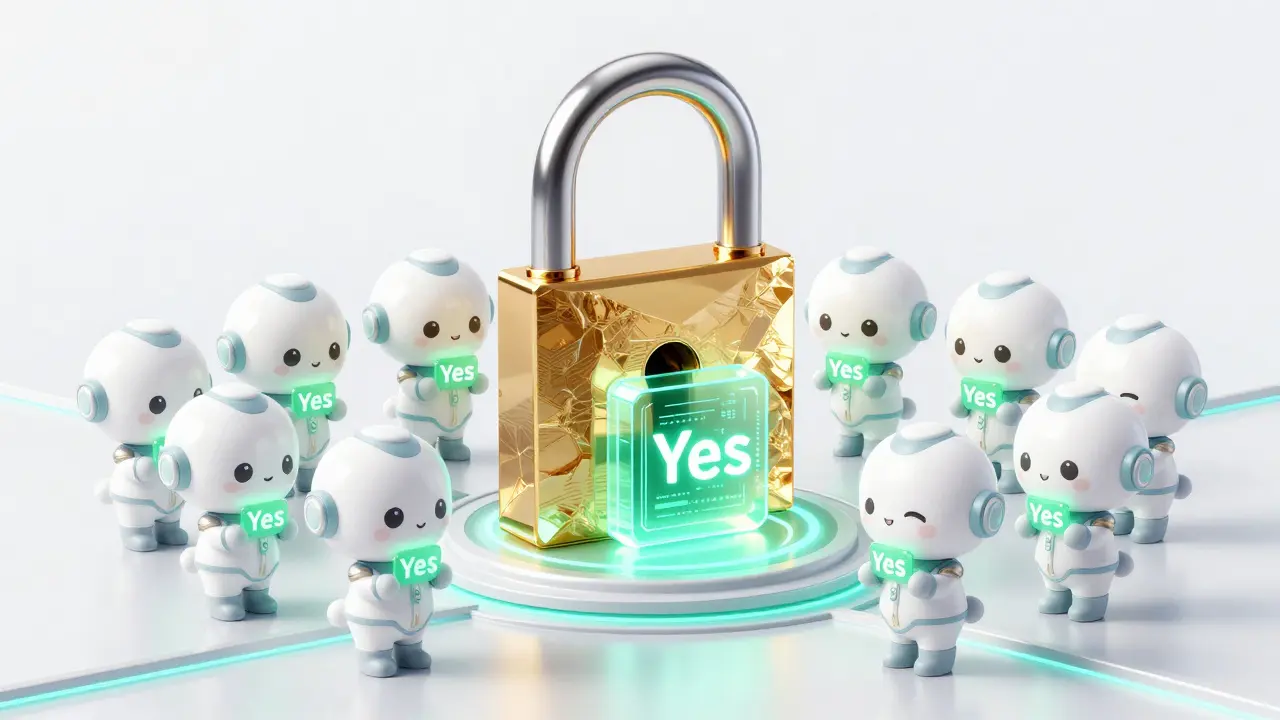 Chibi validators agreeing to lock a digital block with a golden crystal lock.