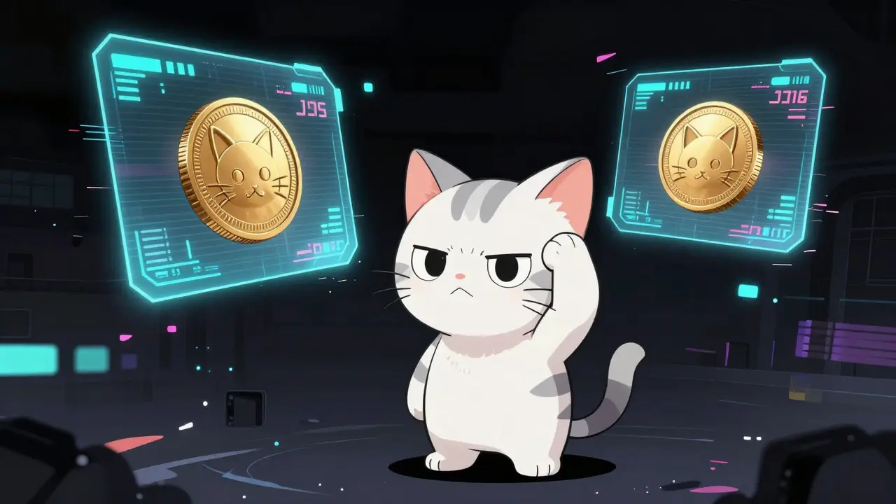 Confused chibi kitten looking at two different holographic screens with conflicting price data.