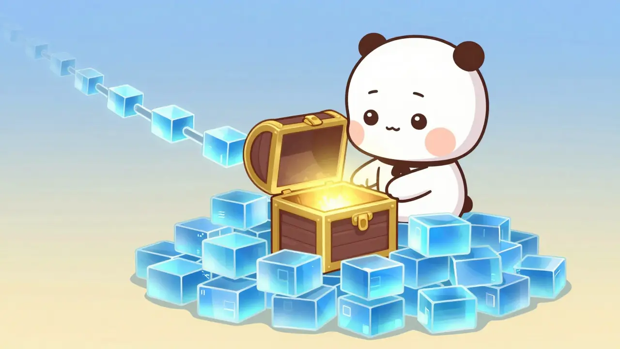 Cute character burying a treasure chest under digital blocks to show probabilistic security.