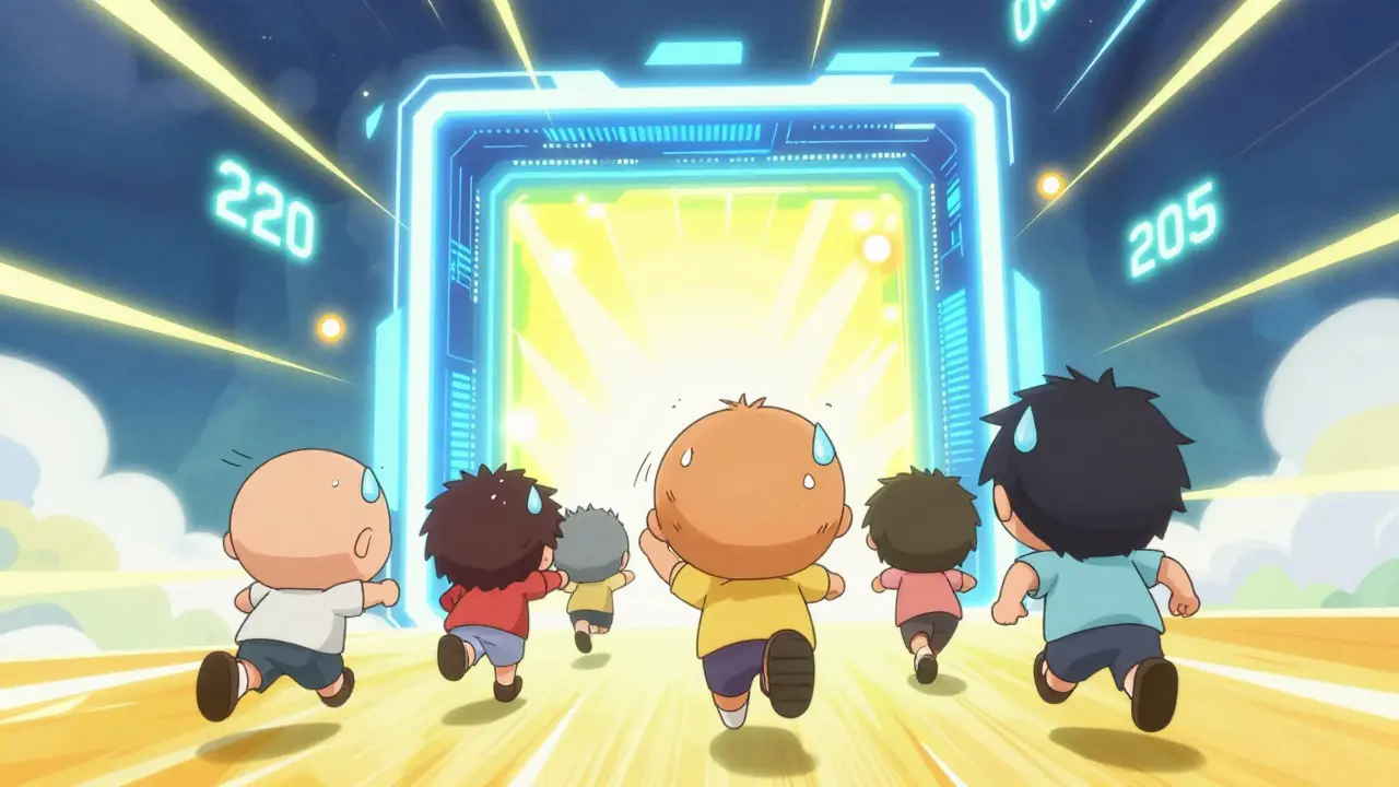 Cute chibi characters racing toward a digital portal with floating point numbers