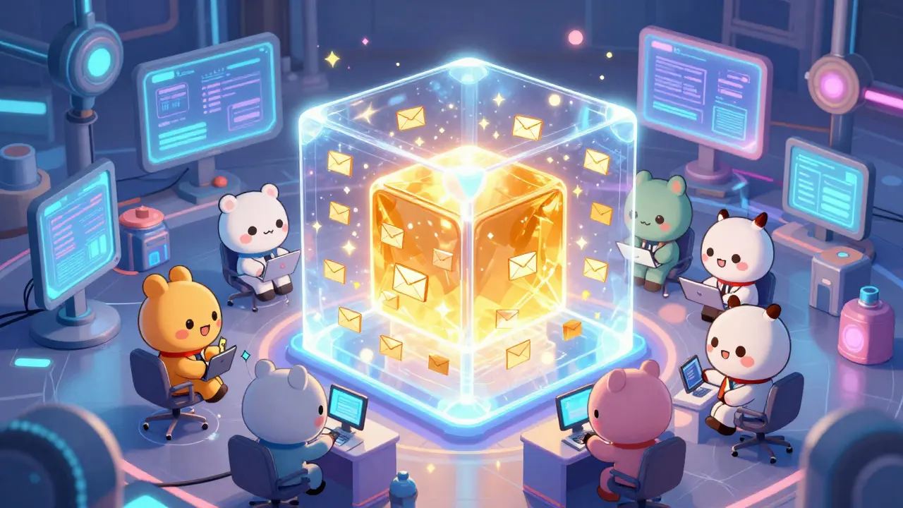 Cute chibi developers processing transactions into a digital block