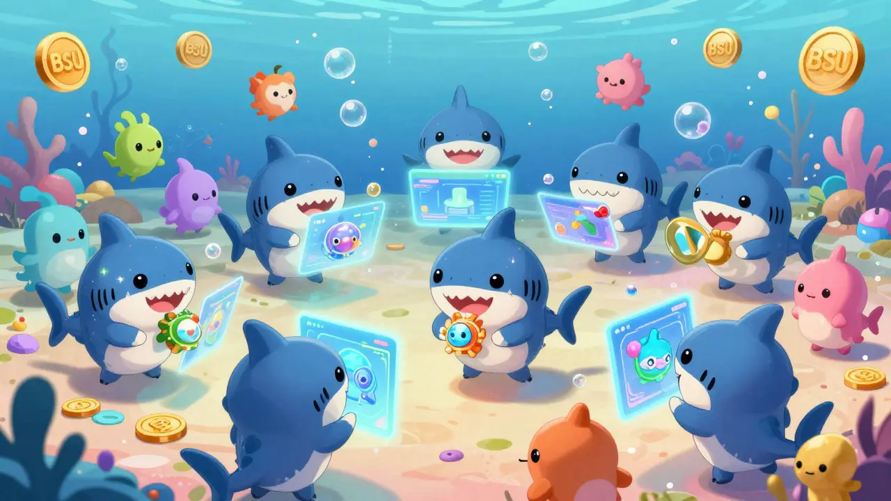 Cute chibi sea creatures trading NFTs and BSU coins in an underwater market