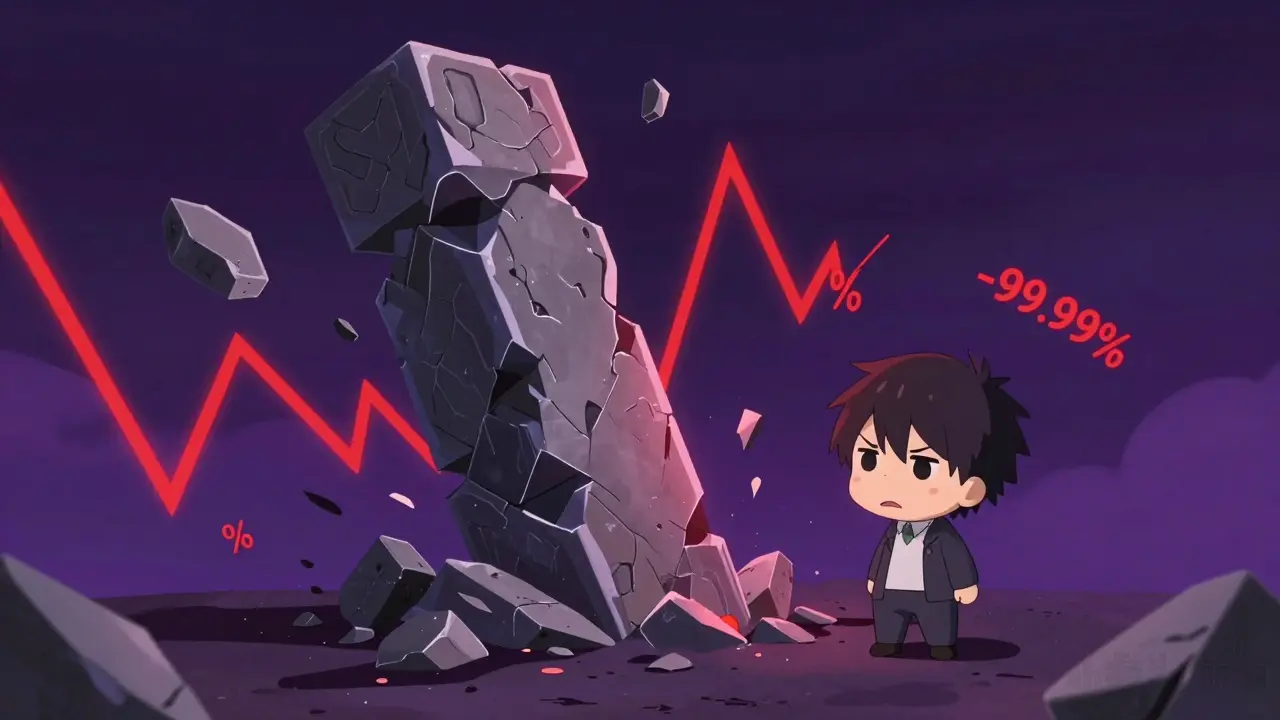 Distressed chibi character standing by a crashing market chart pillar with red alerts.