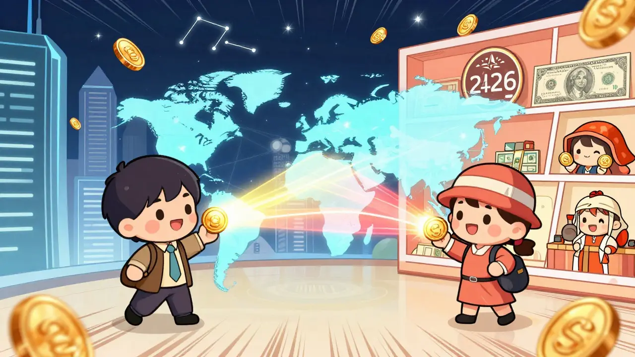 Global merchants exchanging digital coins across continents instantly