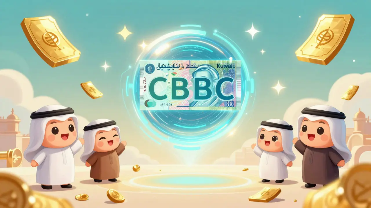Glowing digital Kuwaiti Dinar and traditional Islamic finance symbols in chibi style.