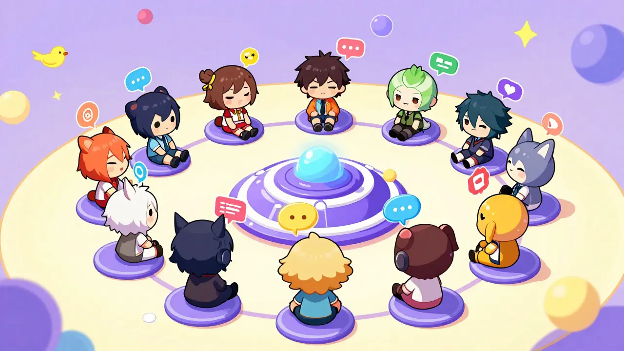 Group of chibi gamer avatars interacting with digital social media icons in a floating hub.