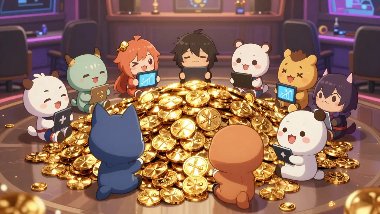Group of happy chibi characters gathering around a pile of glowing golden tokens