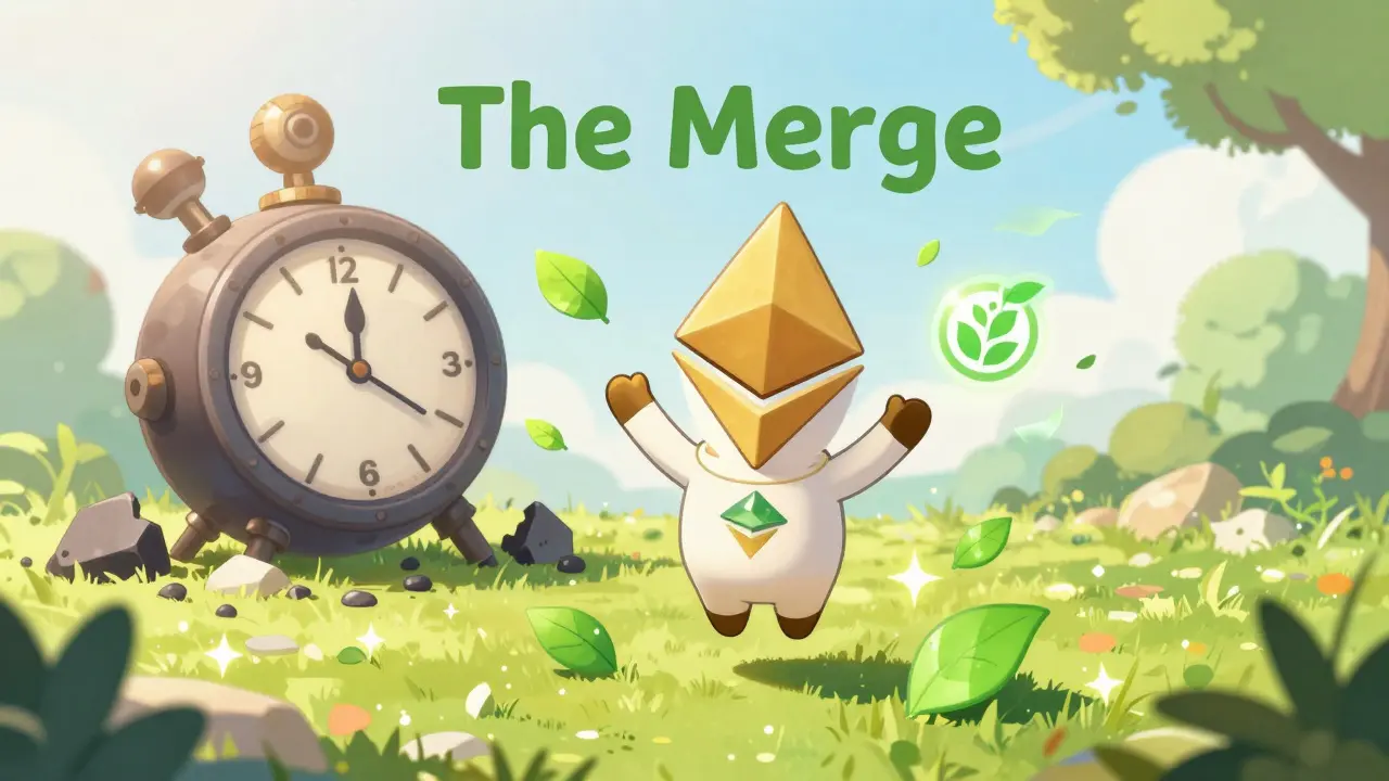 Happy Chibi Ethereum character celebrating a green, sustainable world with a broken bomb.