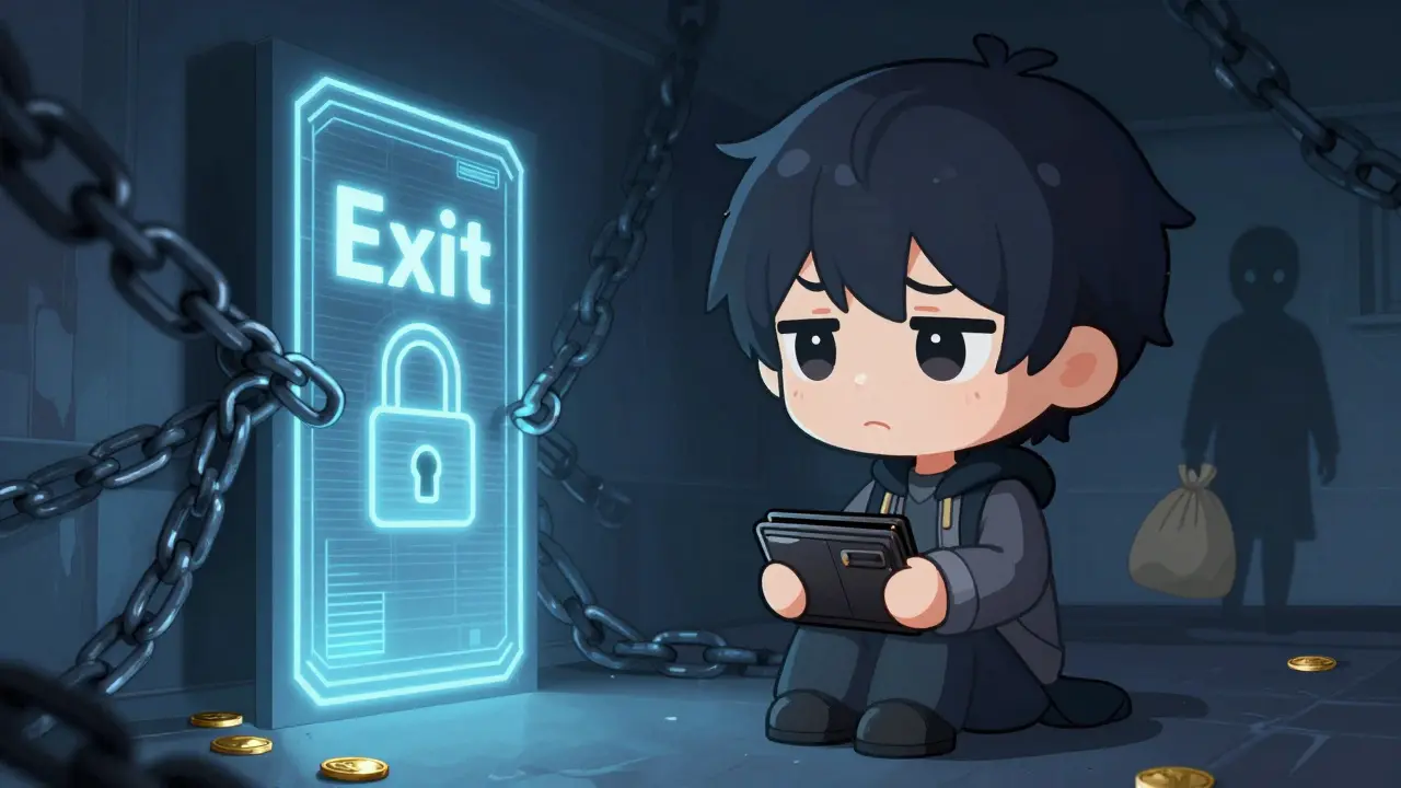 Sad chibi character with an empty wallet looking at a locked holographic exit door.