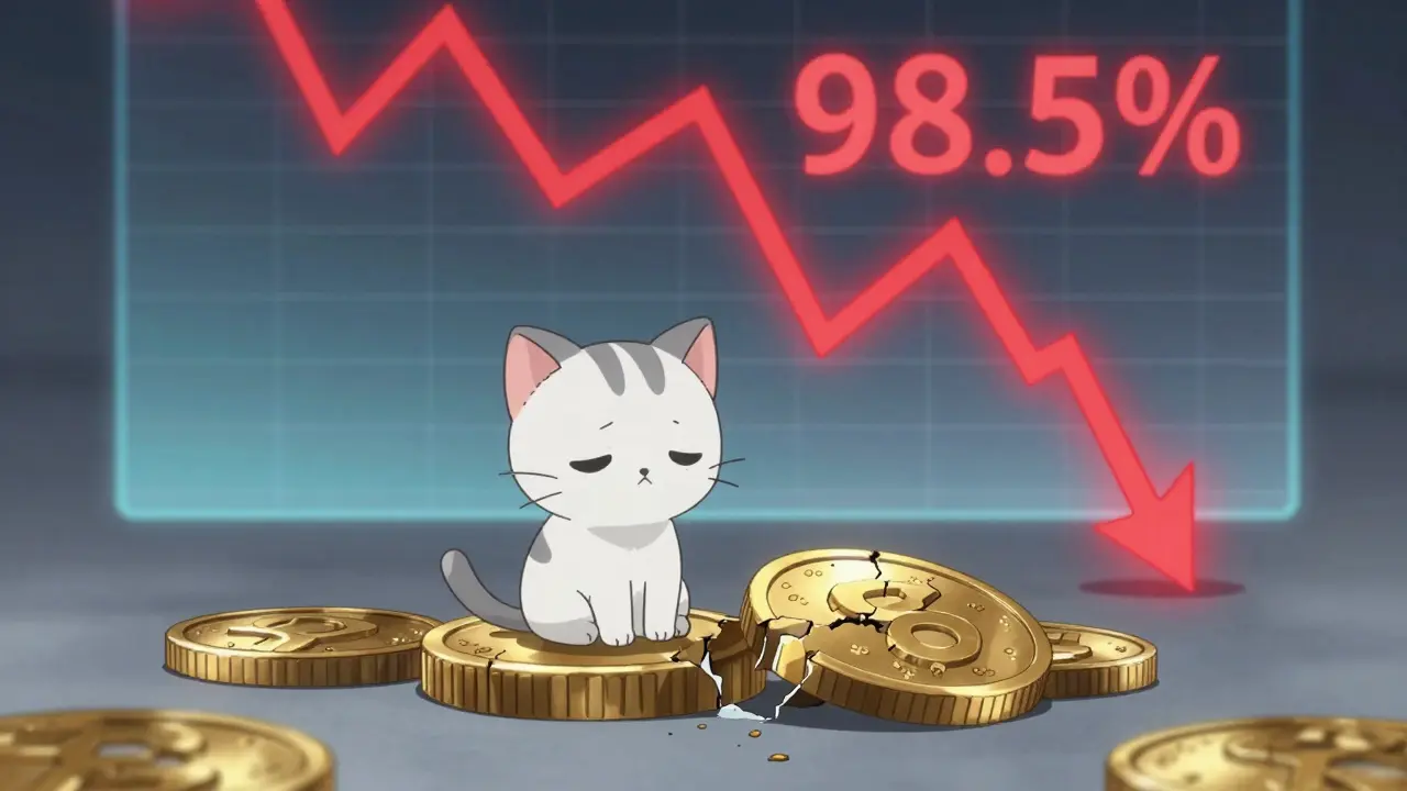 Sad chibi kitten sitting on a cracked golden coin with a crashing red price chart behind it.