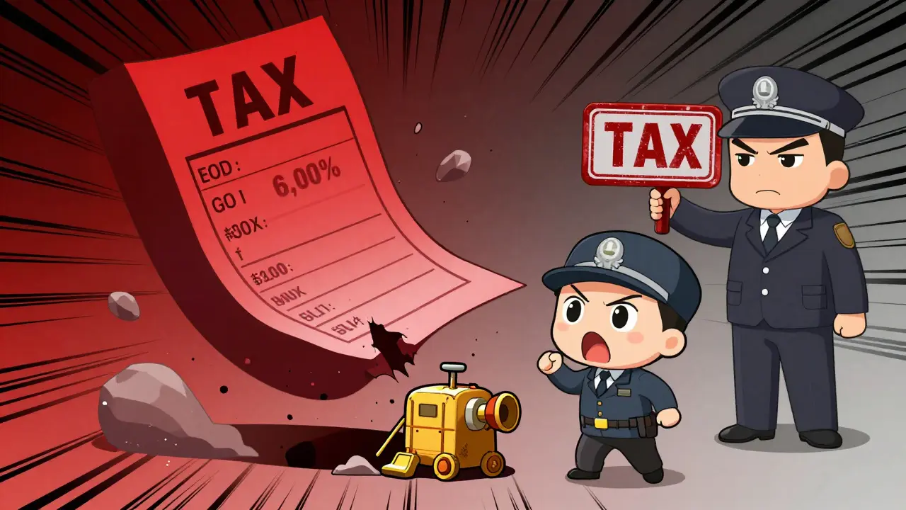 Shocked chibi miner crushed by a giant red tax bill and a stern official.