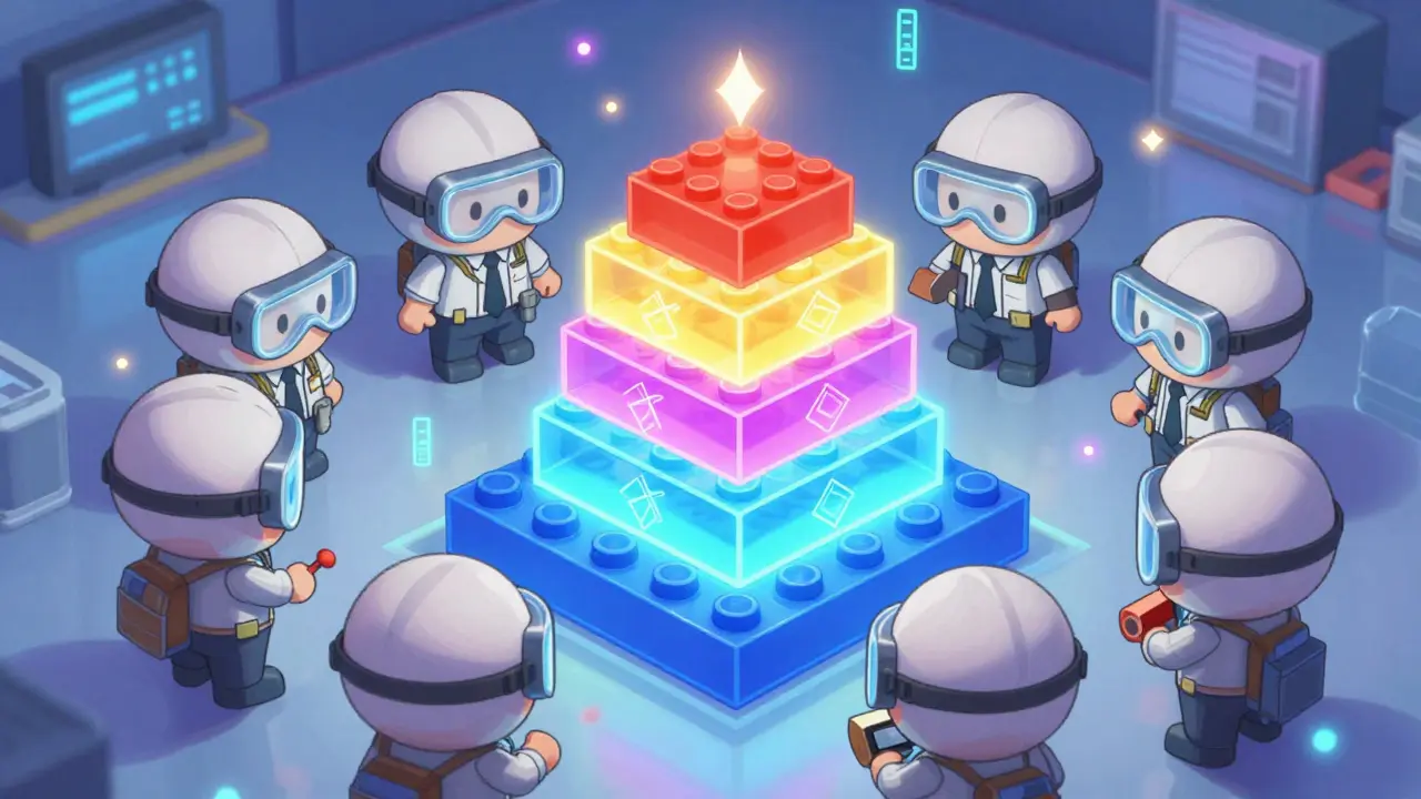 Small anime engineers stacking glowing colorful blocks to build a protocol stack.