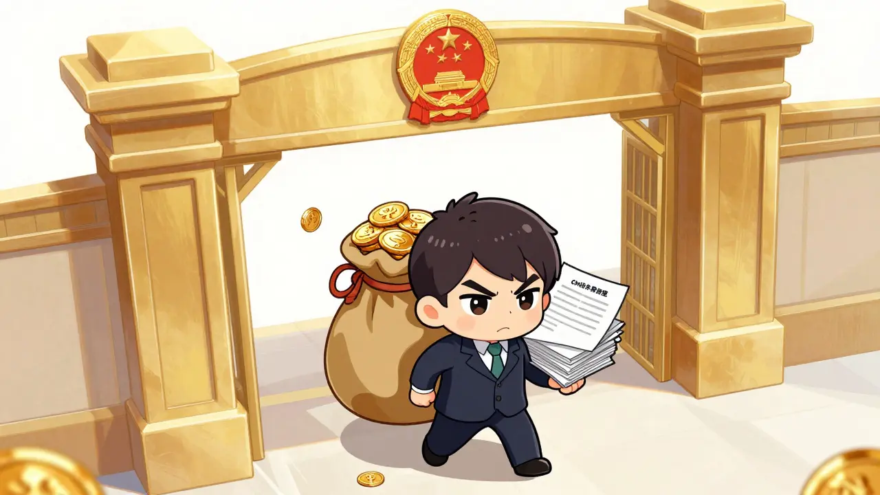 Small chibi businessman with a giant bag of gold facing a massive government gate.