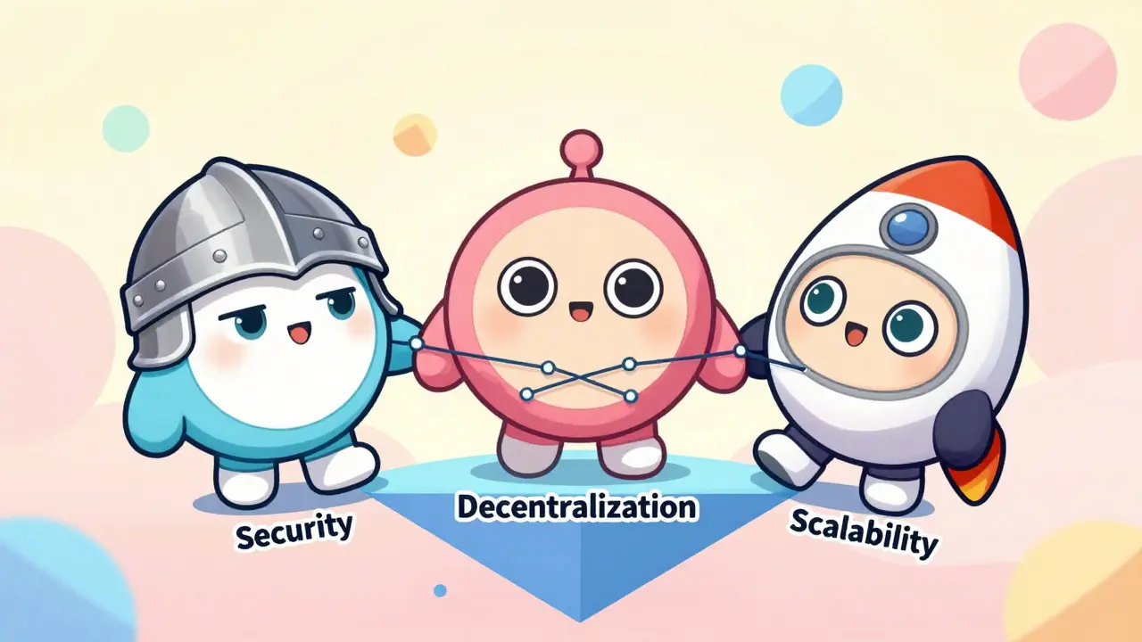 Three chibi characters representing security, decentralization, and scalability in a tug-of-war.