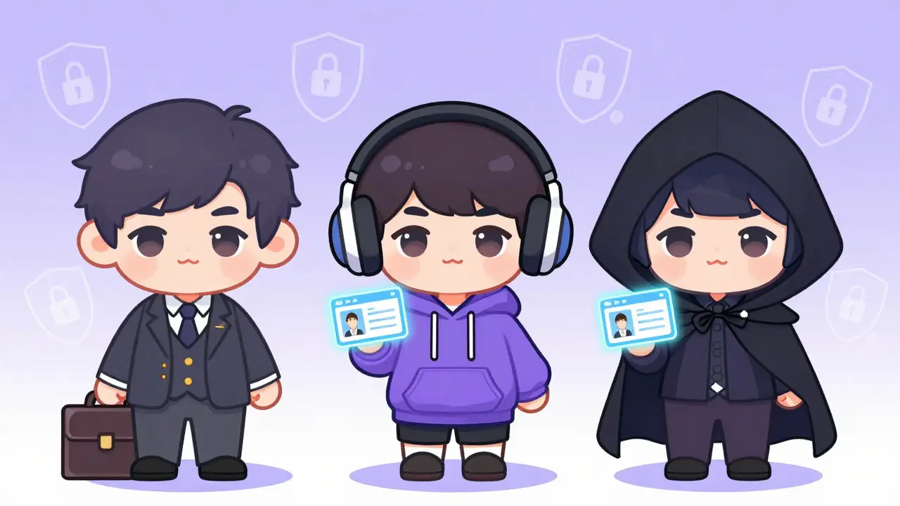Three different chibi personas representing professional, gaming, and private identities.
