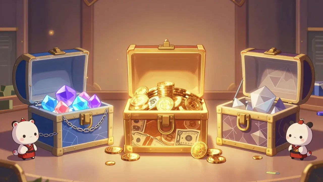 Three treasure chests representing different stablecoin backup methods