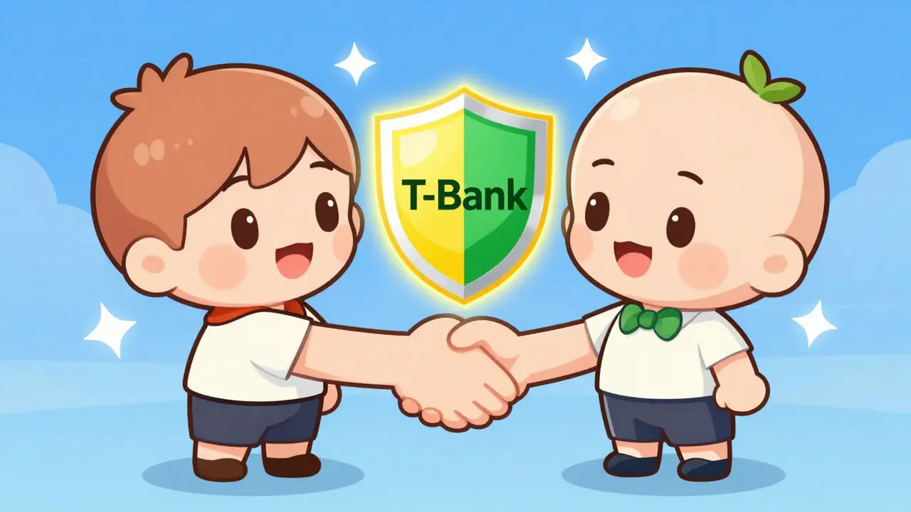 Two chibi characters performing a P2P trade with yellow and green bank shields.