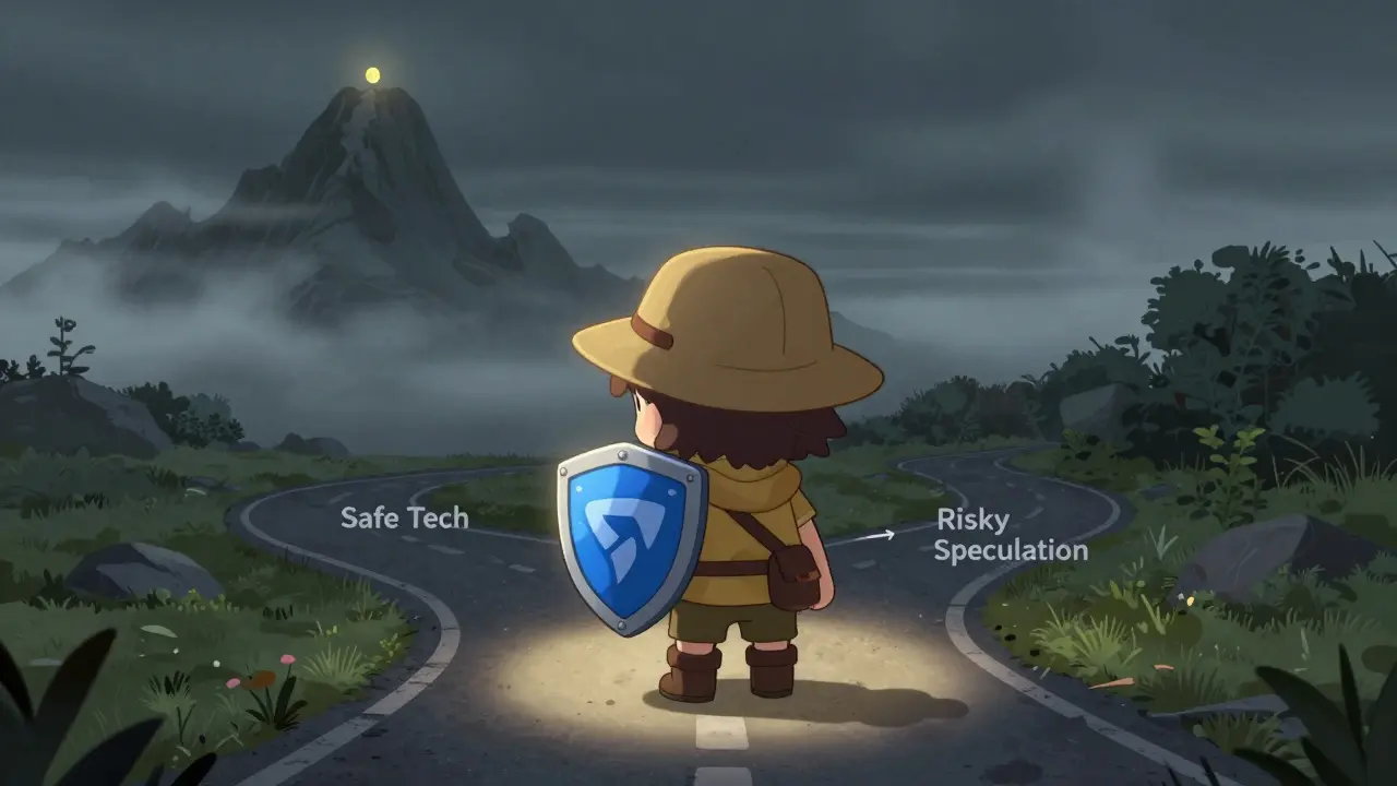 Chibi adventurer hesitating at a crossroads between safe tech and risky speculation