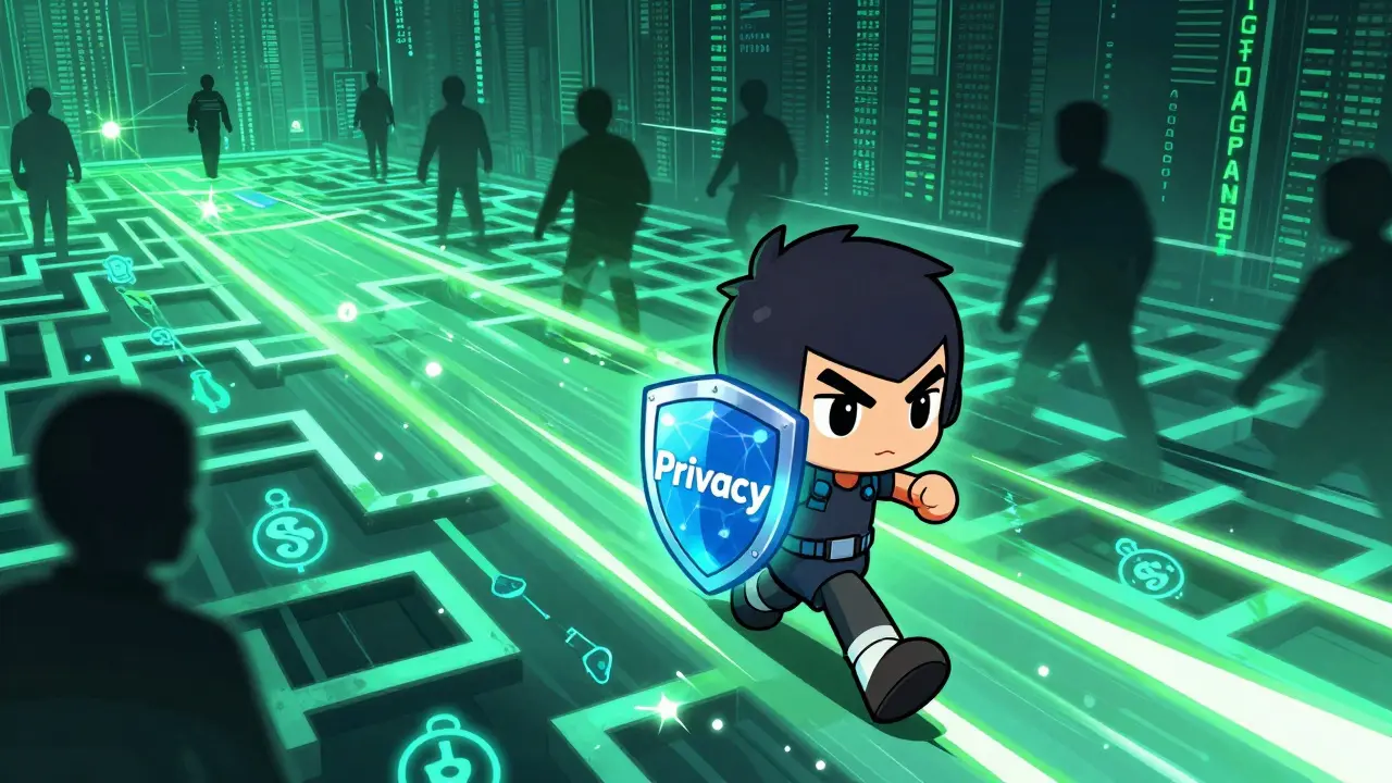 Chibi adventurer using privacy tools to navigate a secure digital maze.