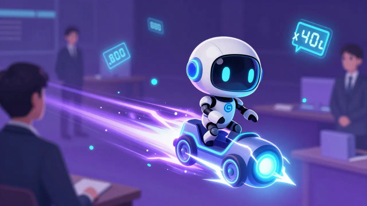 Chibi AI agent speeding along a digital beam representing fast transactions.